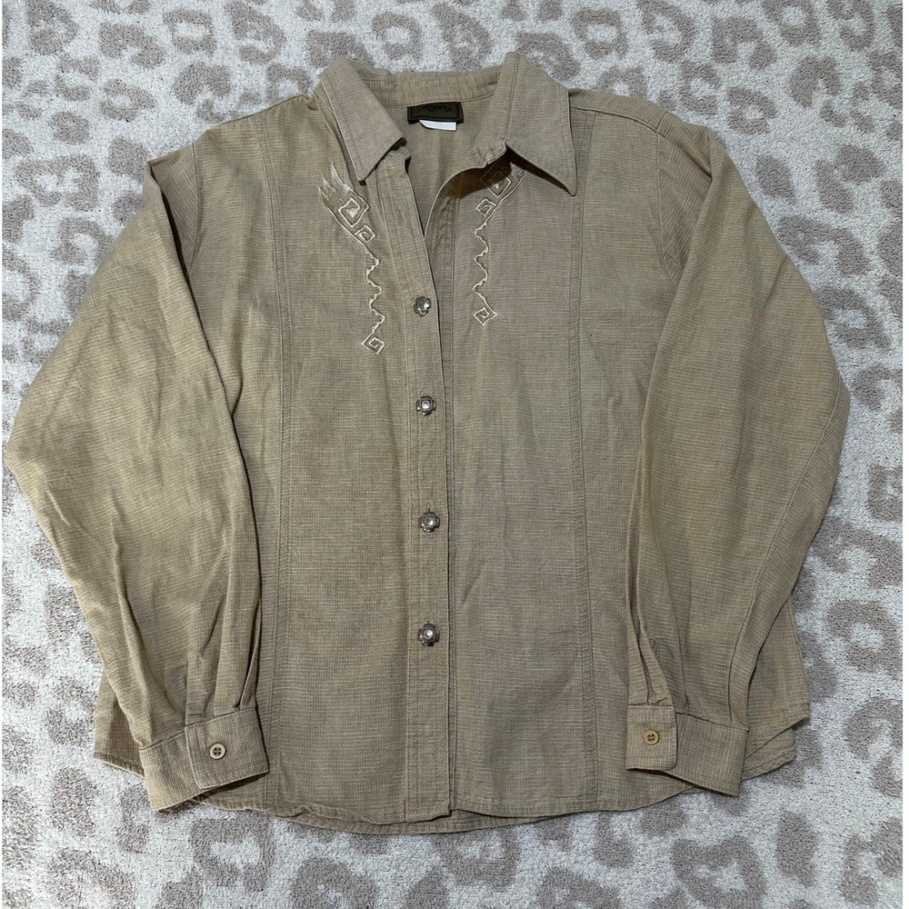 Roper Western Shirt Large Tan Embroidered Concho Button Long Sleeve ]